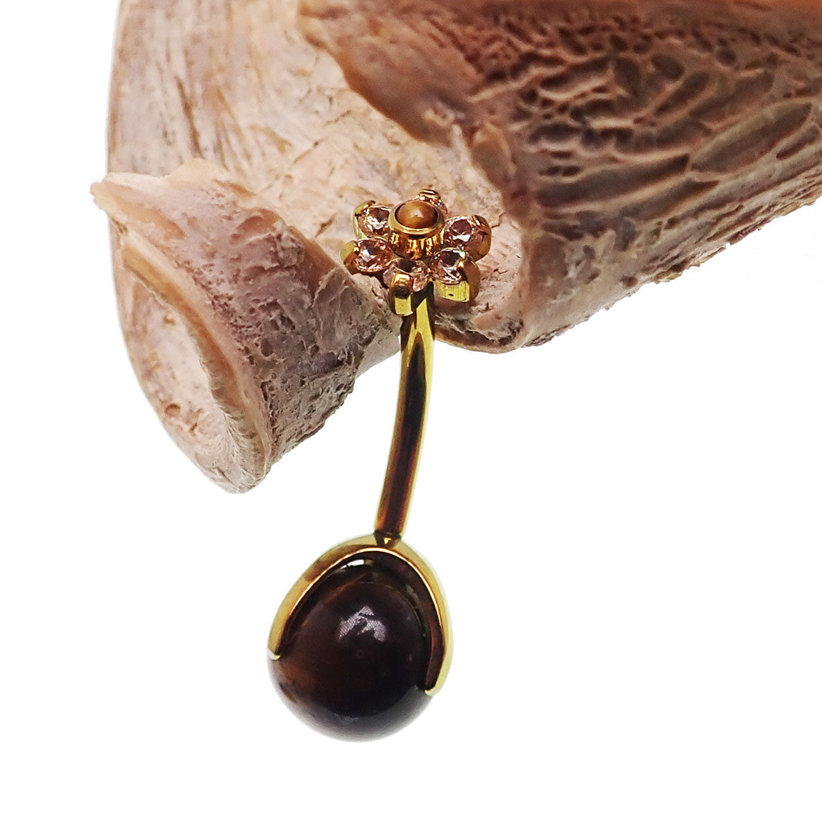 Tiger's Eye CZ flower belly bar body jewelry with 14g gauge, featuring a champagne-colored tiger's eye center and floral design.