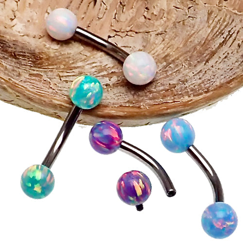 Blue 5mm opal curved bar body jewelry by Body Clickers, 14 gauge, with a sleek curved design and vibrant cornflower blue color.
