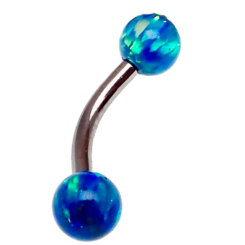 Blue 6mm opal curved bar body jewelry by Body Clickers, 14g, with a smooth, polished design for piercings.