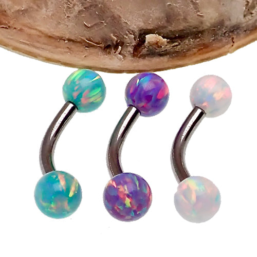 Blue opal curved bar body jewelry by Body Clickers, 5mm opal with 14g gauge, suitable for body piercing.