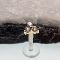 CZ Tri Cluster body jewelry by Body Clickers, 14k gold bio flex piercings in 20g, 18g, 16g, and 14g sizes.