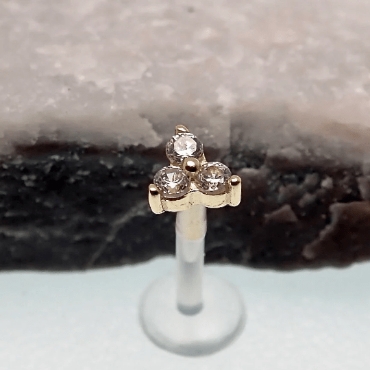 CZ Tri Cluster body jewelry by Body Clickers, 14k gold bio flex piercings in 20g, 18g, 16g, and 14g sizes.