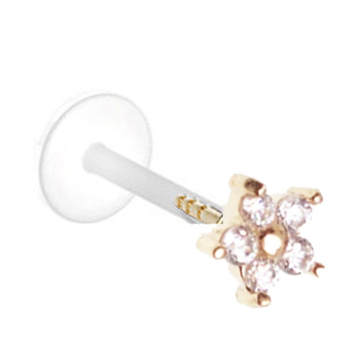 Gold push-fit flower body jewelry with CZ stones and bio-flex stems, designed for comfortable, stylish body piercings.