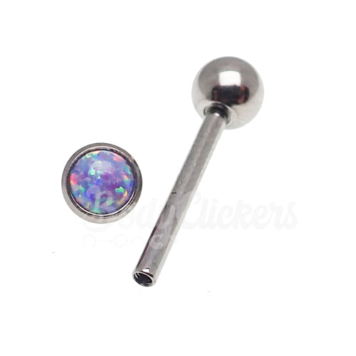 Lavender 5mm opal tongue piercing in 14g body jewelry by Body Clickers, featuring a smooth, polished design.