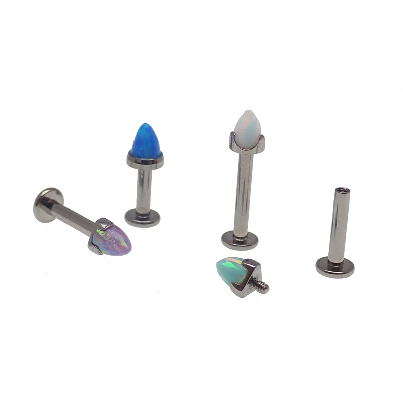 14g Body Clickers labret bar with fire opal spike and cone, yellow moon design, body jewelry for pierced lips or piercings