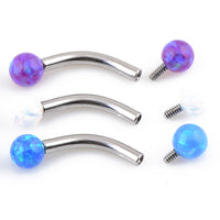 Yellow opal curved barbell body jewelry by Body Clickers, 16g, with 6mm moon-shaped opal for piercings.