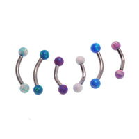 Yellow opal curved barbell body jewelry from Body Clickers, 16g gauge, with a 6mm moon-shaped gemstone.