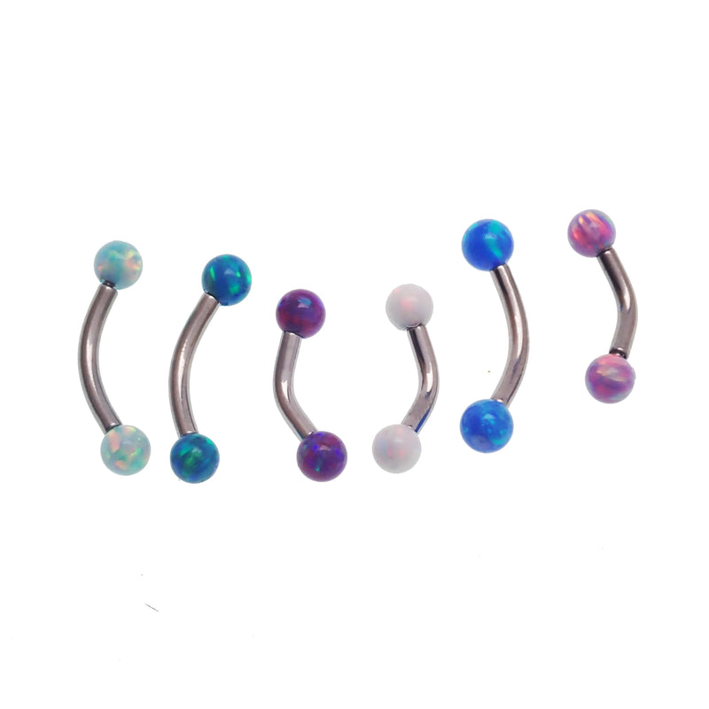 Yellow opal curved barbell body jewelry from Body Clickers, 16g gauge, with a 6mm moon-shaped gemstone.