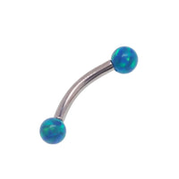 Yellow opal curved barbell body jewelry from Body Clickers, 16g size with 6mm moon-shaped gemstone.