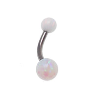 Body Clickers curved belly bar with 6mm yellow opal and 5mm opal body jewelry, 14 gauge, featuring moon-shaped design.