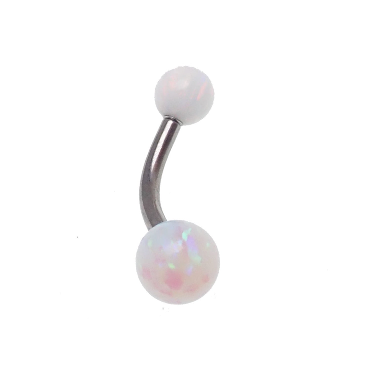 Body Clickers curved belly bar with 6mm yellow opal and 5mm opal body jewelry, 14 gauge, featuring moon-shaped design.