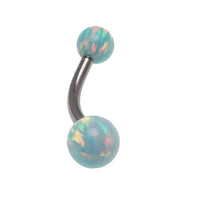 Body Clickers opal curved belly bar with 14g gauge, featuring 5mm and 6mm yellow opal stones in a sleek body jewelry design.