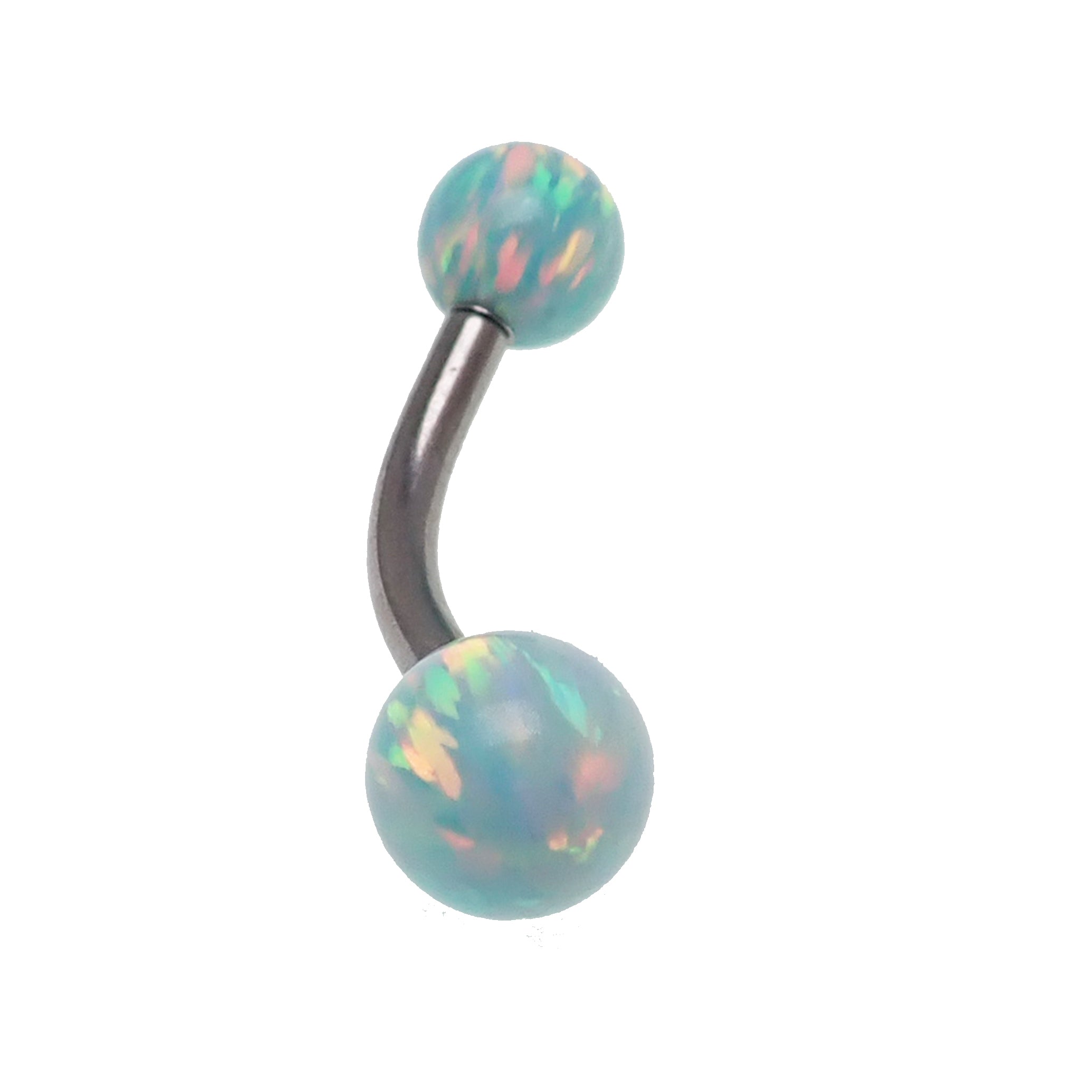Body Clickers opal curved belly bar with 14g gauge, featuring 5mm and 6mm yellow opal stones in a sleek body jewelry design.