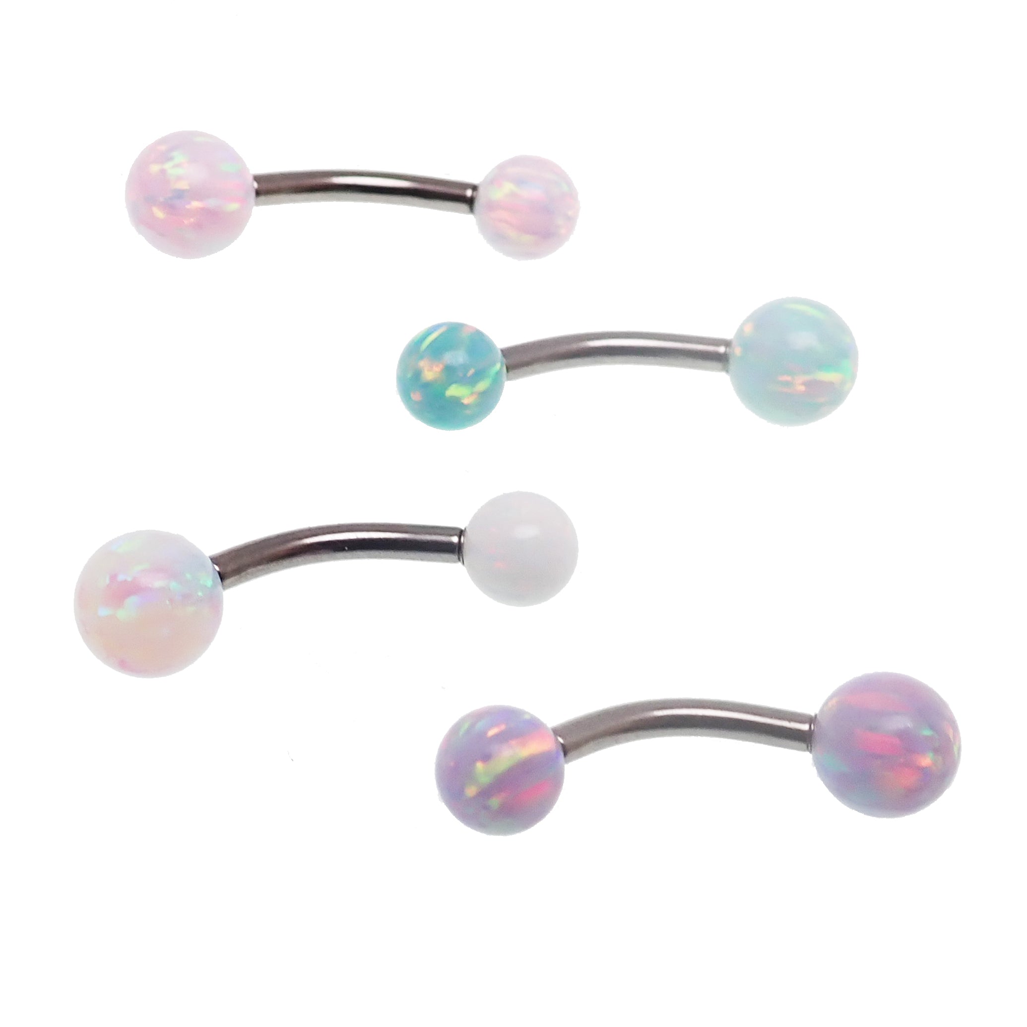 Body Clickers opal curved belly bar with 14g gauge, featuring yellow moon opal in 5mm and 6mm sizes for body jewelry.