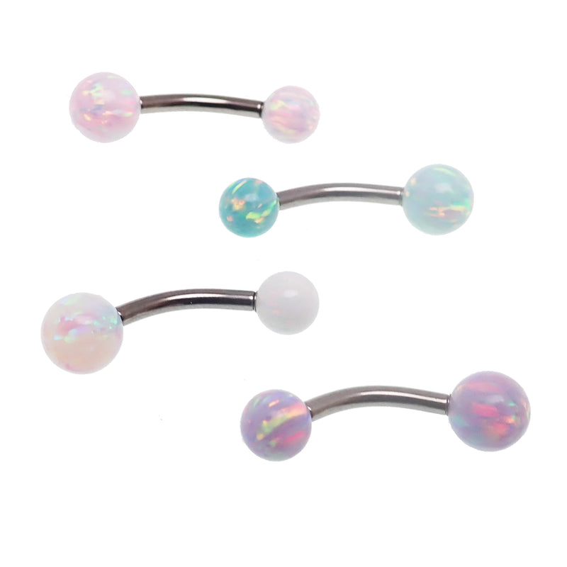 Body Clickers opal curved belly bar with 14g gauge, featuring yellow moon opal in 5mm and 6mm sizes for body jewelry.