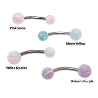Body Clickers opal curved belly bar with 14g gauge, featuring 5mm and 6mm yellow opal stones for body jewelry piercing.