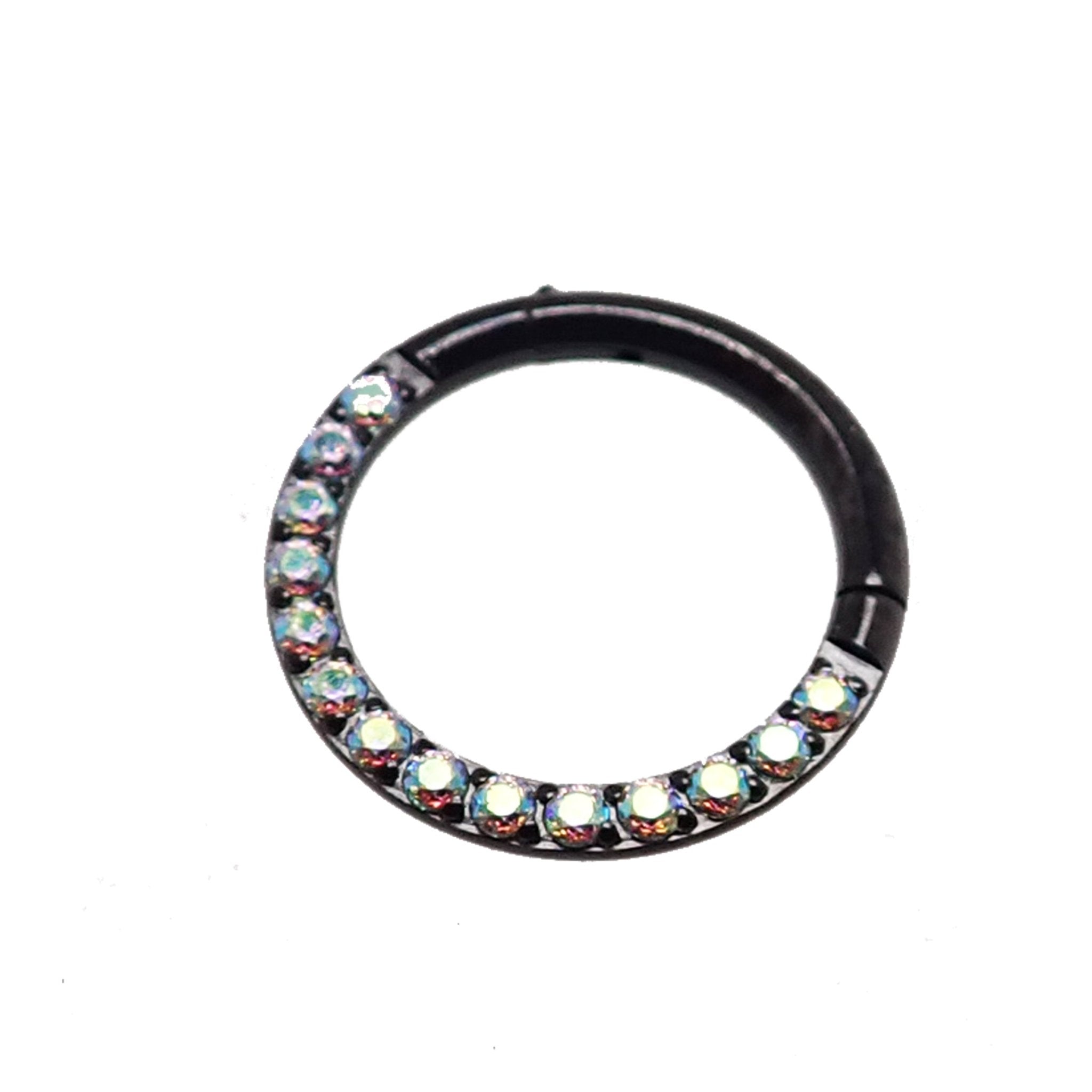 Rainbow AB CZ PVD black titanium clicker body jewelry, 16g, featuring colorful cubic zirconia stones and sleek black titanium finish.
