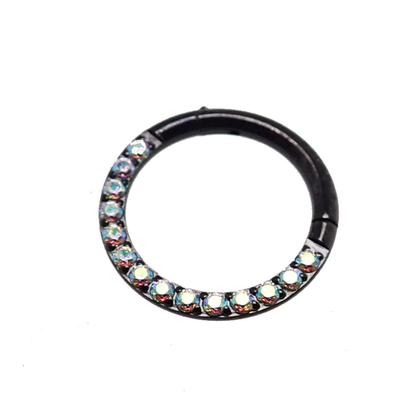 Rainbow AB CZ PVD black titanium clicker body jewelry, 16g, featuring colorful cubic zirconia stones and sleek black titanium finish.