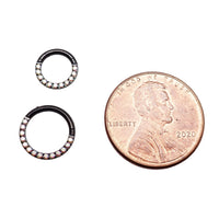 Rainbow AB CZ PVD black titanium body jewelry clicker, 16g, with colorful cubic zirconia stones and sleek black finish.