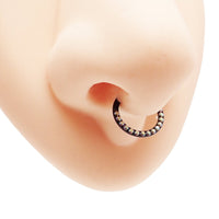 Rainbow AB CZ PVD black titanium clicker body jewelry in 16g with a 6mm diameter, featuring colorful cubic zirconia accents.