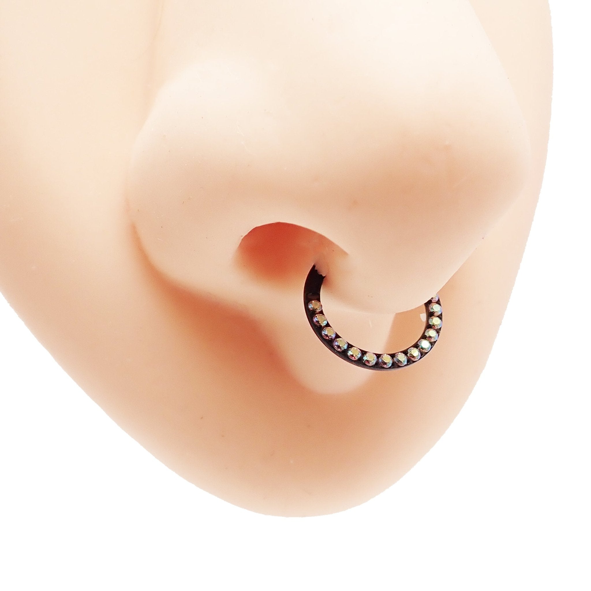 Rainbow AB CZ PVD black titanium clicker body jewelry in 16g with a 6mm diameter, featuring colorful cubic zirconia accents.