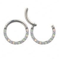 Titanium opal and crystal clicker body jewelry in 16g with a 6mm diameter, featuring a sleek, polished design.