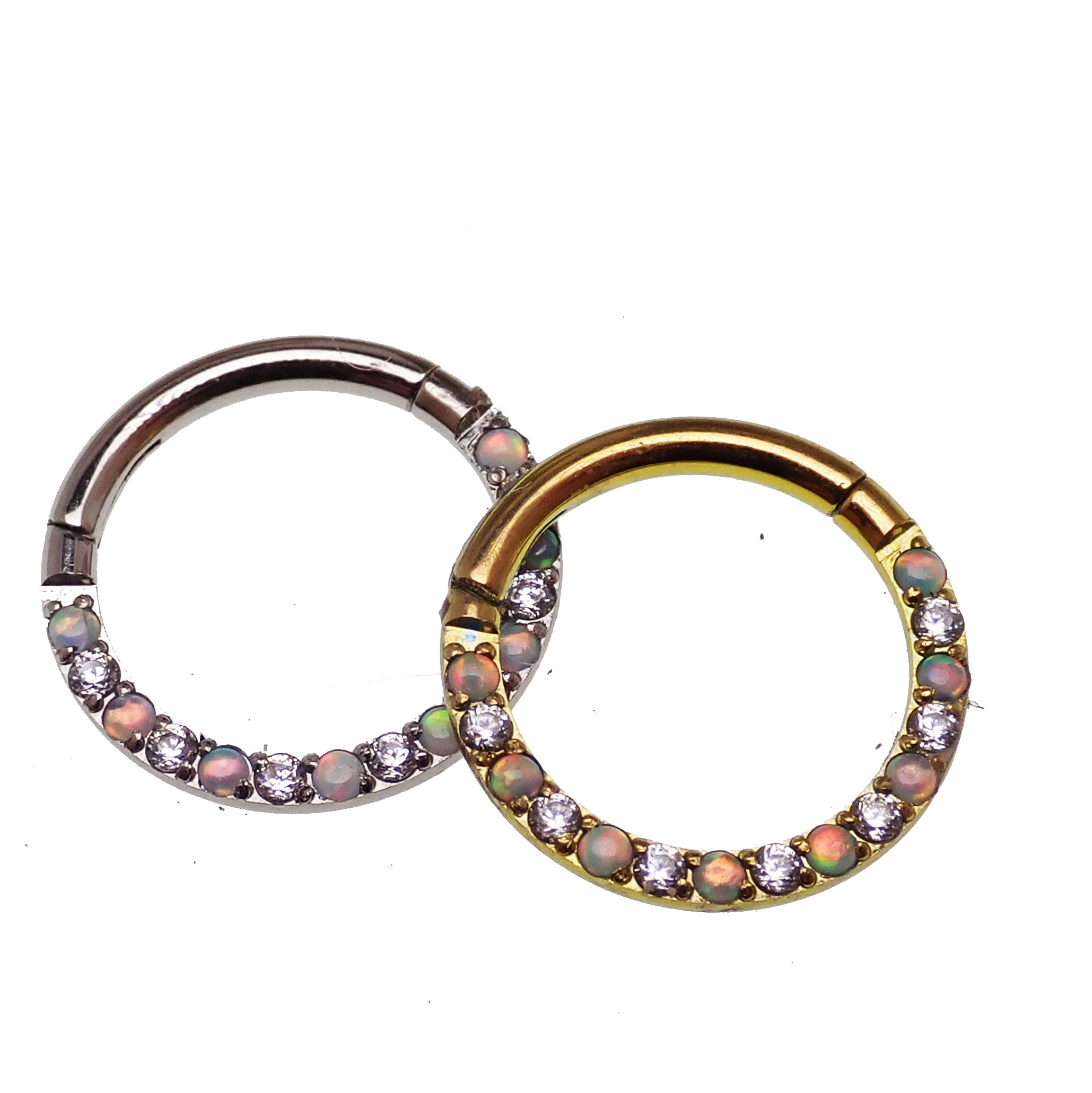 Titanium opal and crystal clicker body jewelry in 16g with a 6mm design from Body Clickers Body Jewelry.