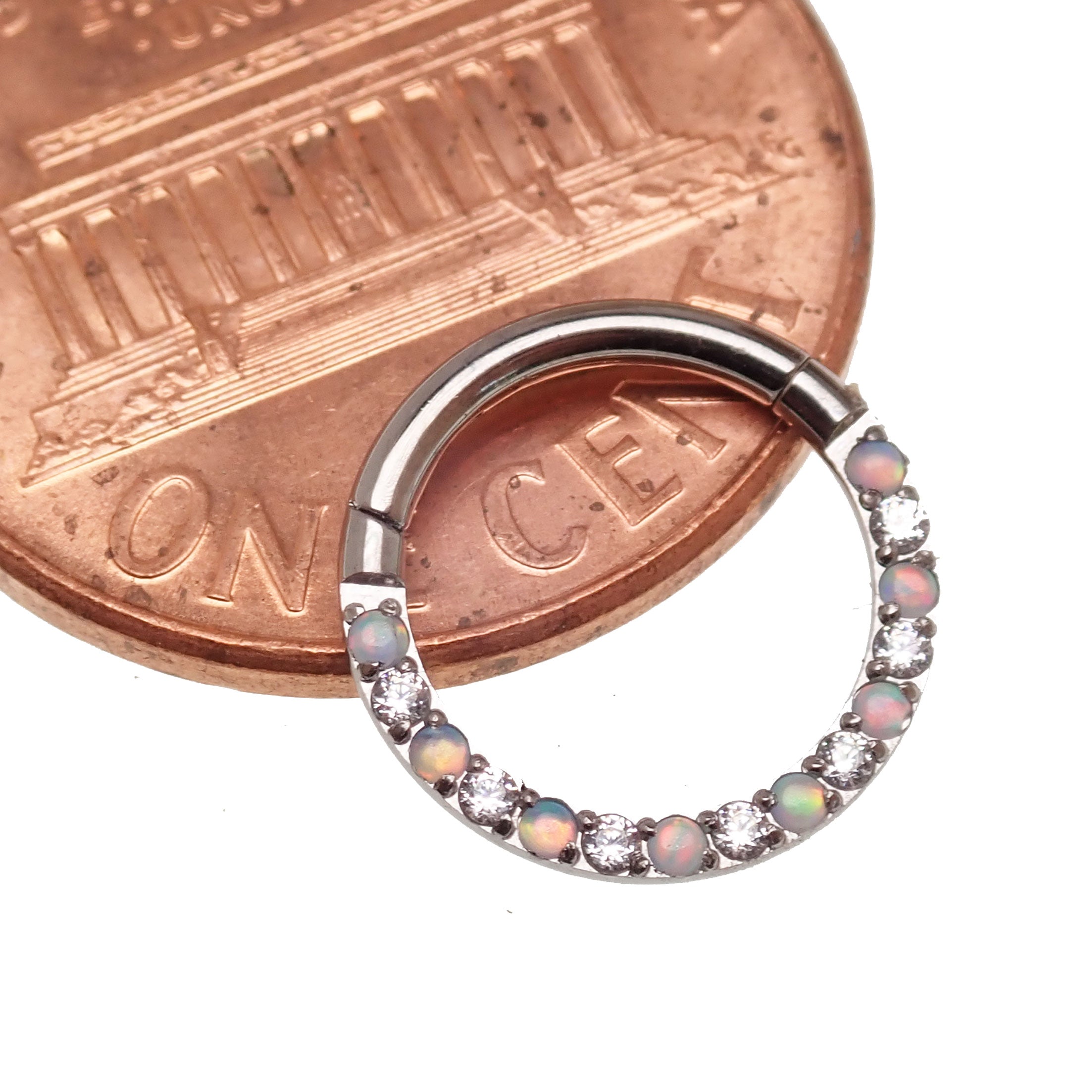 Titanium Opal and Crystal Clicker body jewelry in 16g with 6mm stones, featuring a sleek design by Body Clickers.