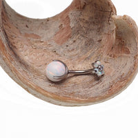 Titanium sun and ice white opal flower belly ring by Body Clickers Body Jewelry, featuring a 6mm design with floral details.