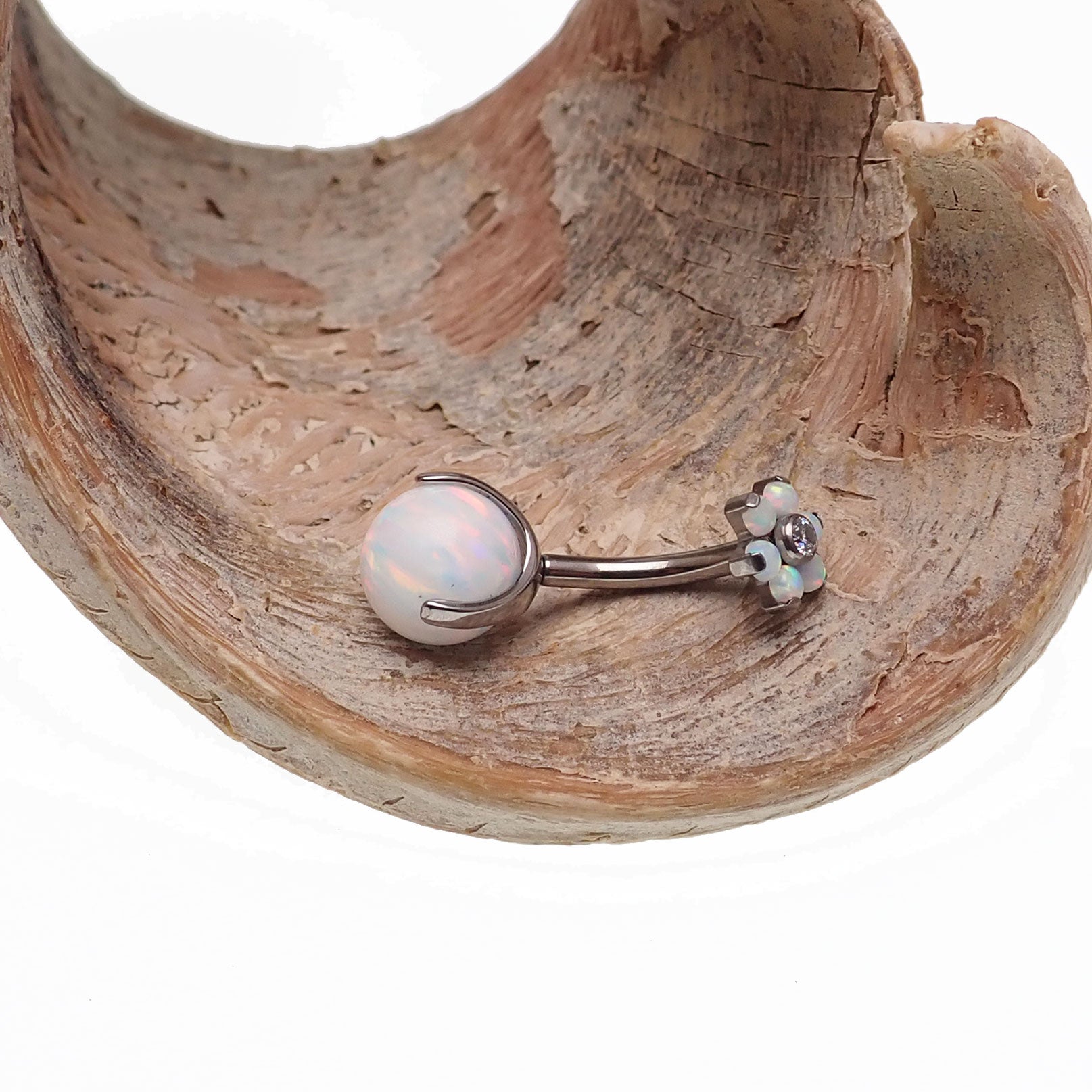 Titanium sun and ice white opal flower belly ring by Body Clickers Body Jewelry, featuring a 6mm design with floral details.