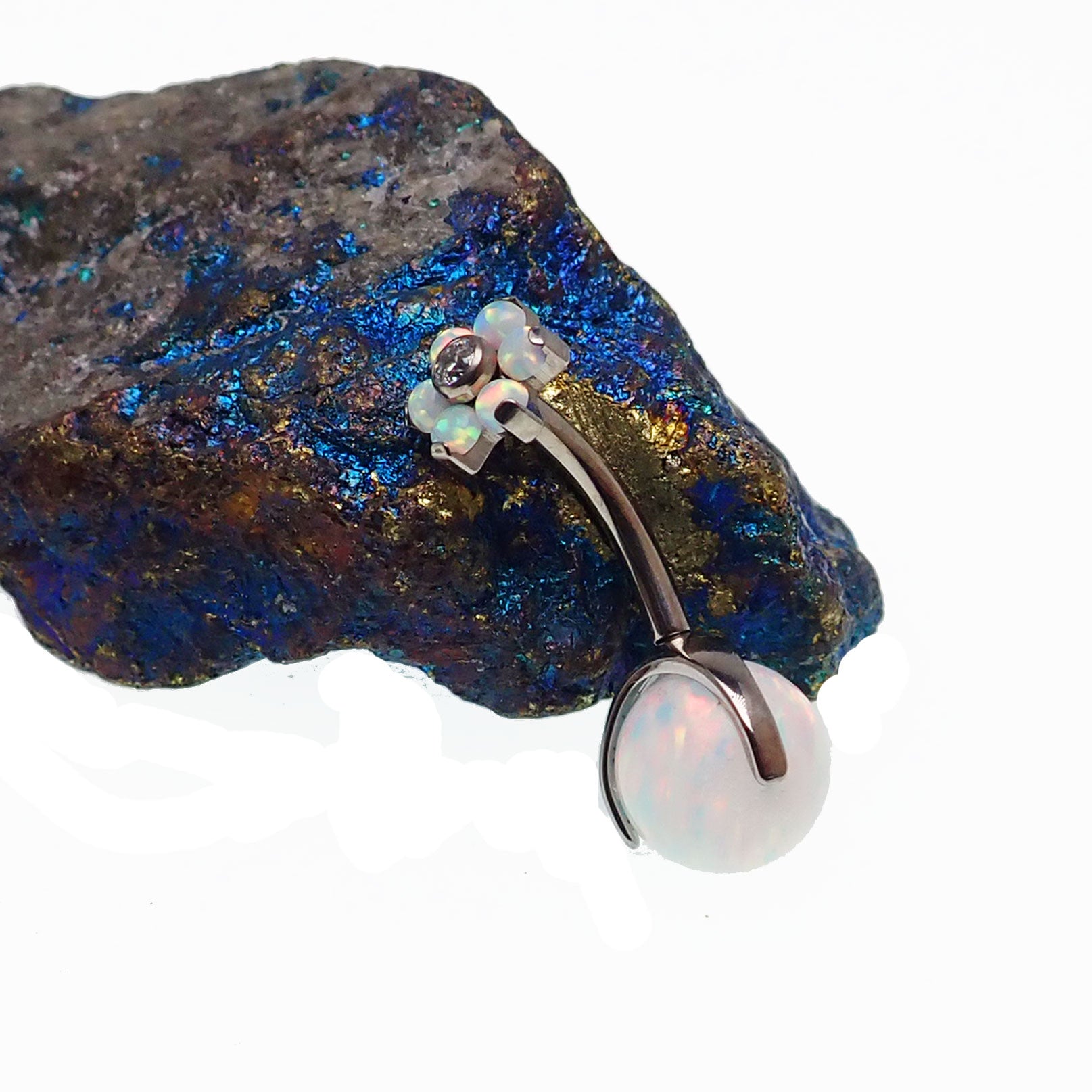 Titanium sun and ice white opal flower belly ring with decorative design and 6mm size from Body Clickers Body Jewelry