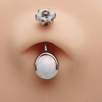 Titanium sun and ice white opal flower belly ring with floral design from Body Clickers Body Jewelry.