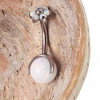 Titanium sun and ice white opal flower belly ring by Body Clickers Body Jewelry featuring 6mm decorative design.