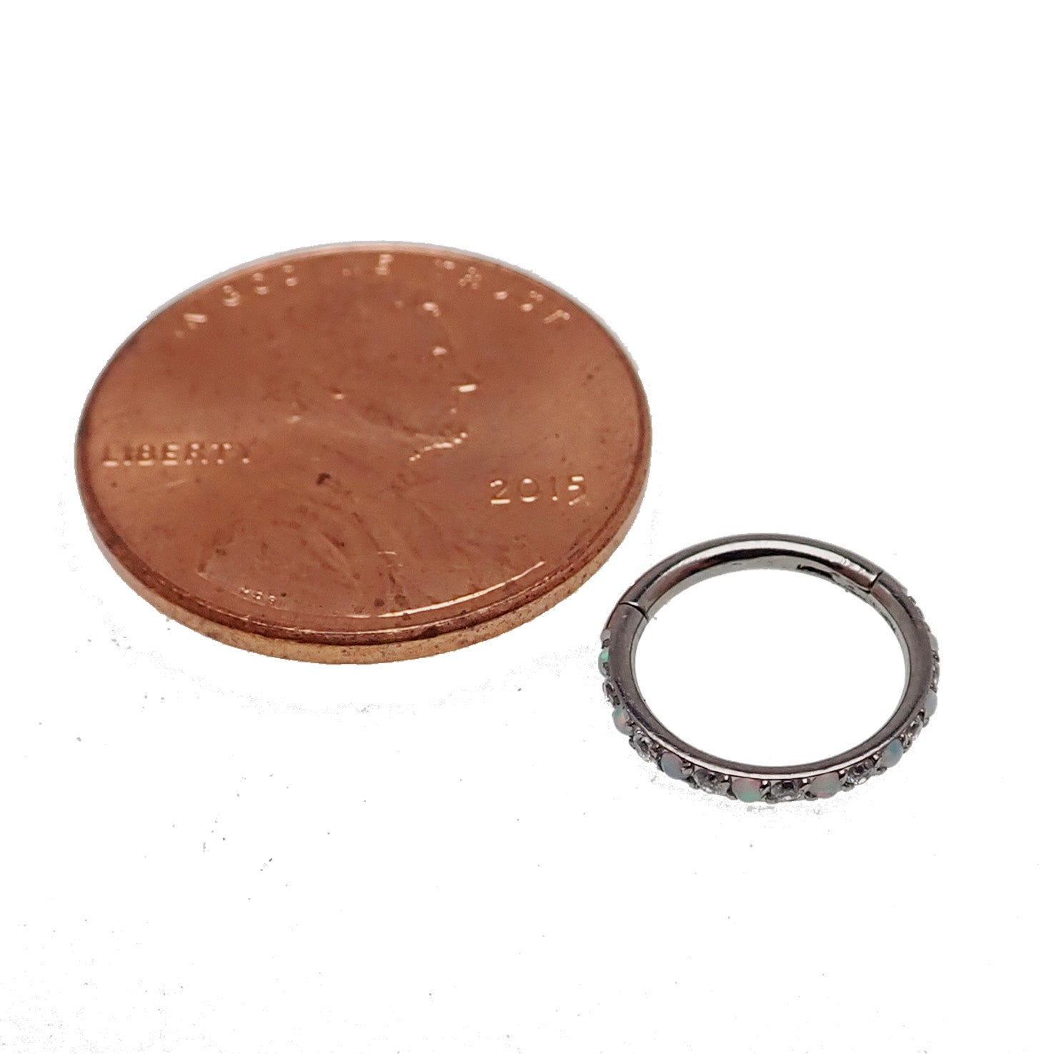 16G titanium clicker with opal and cubic zirconia stones, Body Clickers body jewelry for piercings.