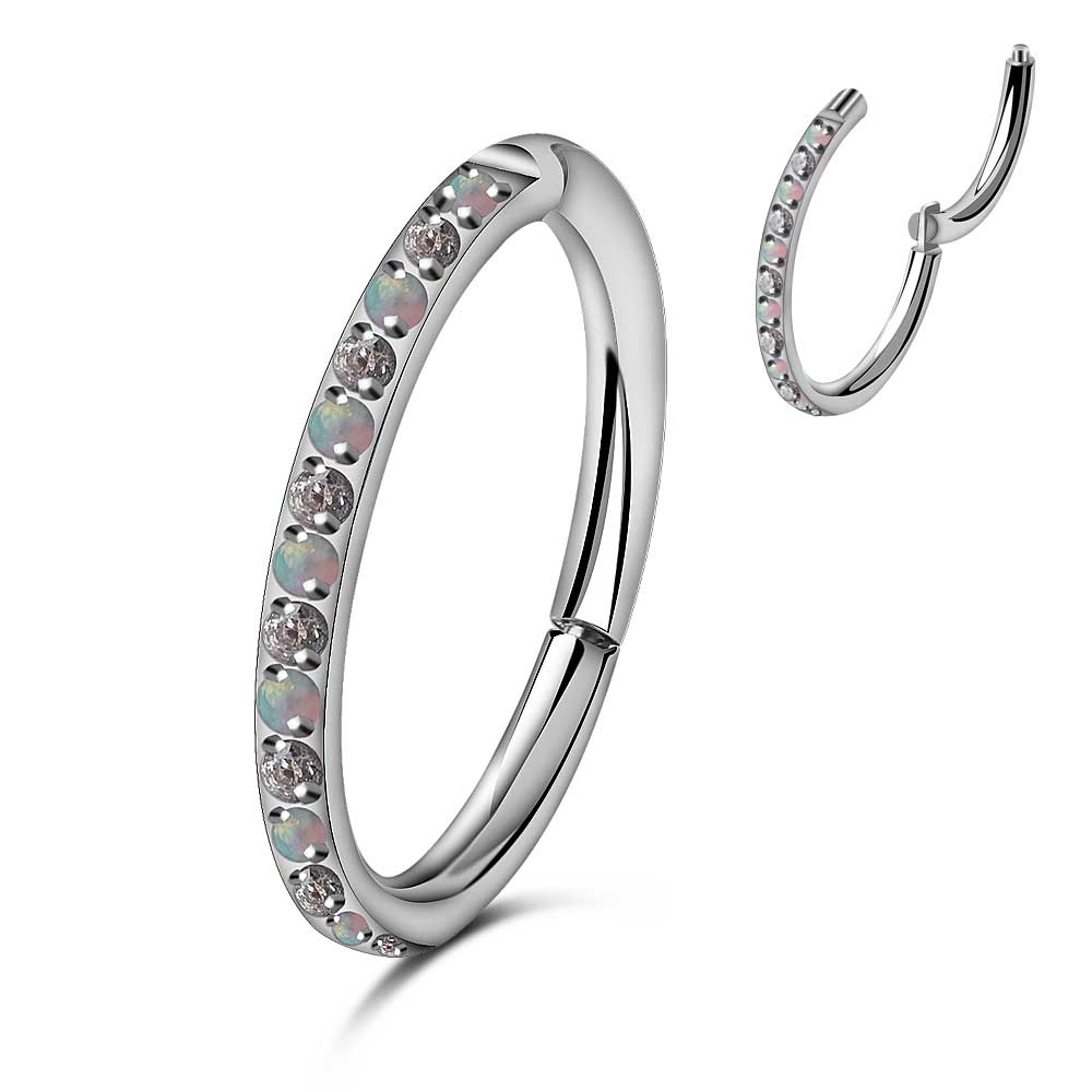 16G titanium opal and cubic zirconia clicker body jewelry with sparkling stones and sleek design, suitable for piercings.