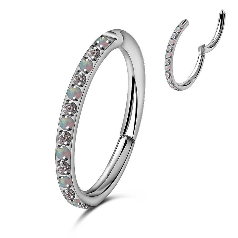 16G titanium opal and cubic zirconia clicker body jewelry with sparkling stones and sleek design, suitable for piercings.
