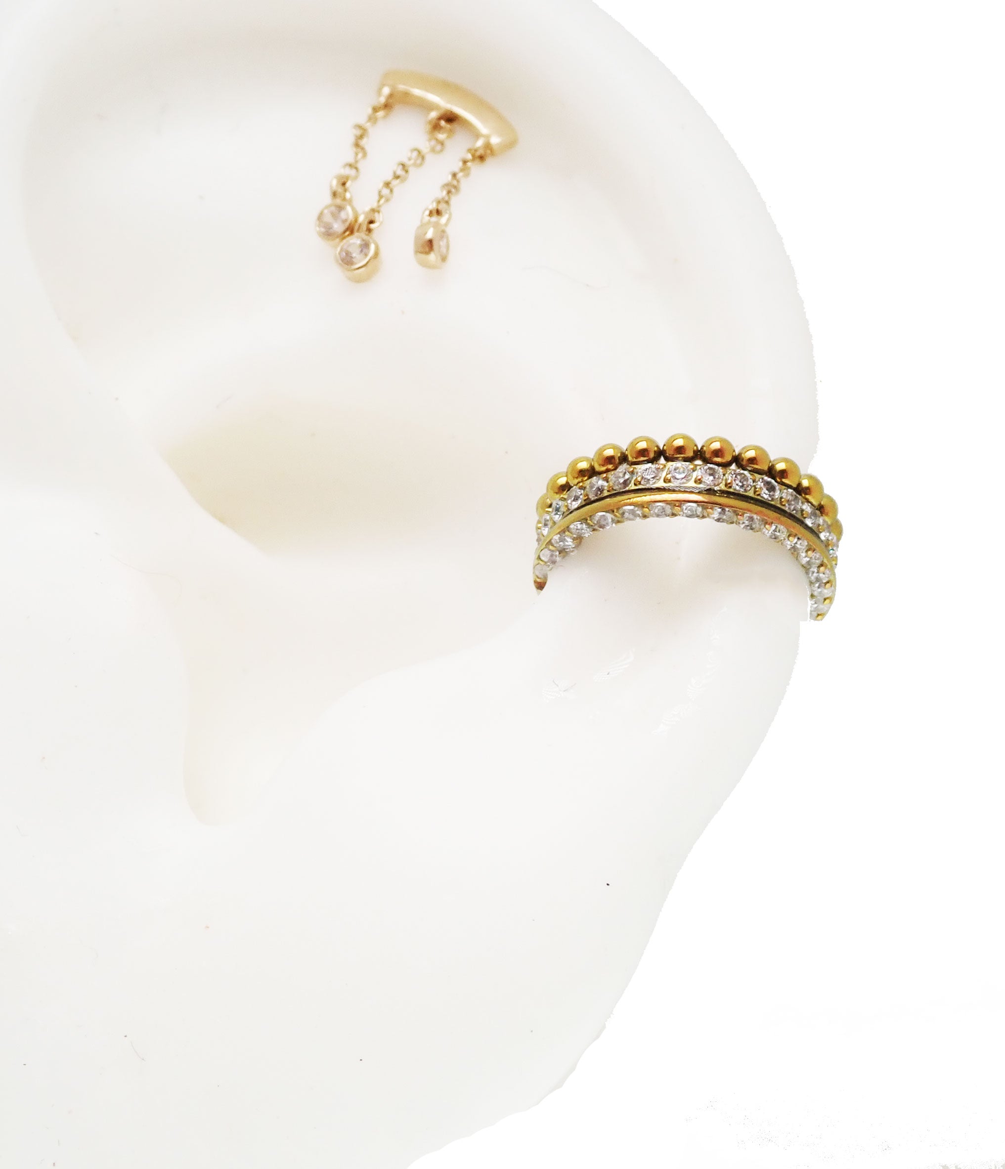 Beaded CZ titanium 3D design clicker piercing in 16g body jewelry with intricate bead details and multiple sides.