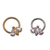 Body Clickers Bee CZ Hinged Clicker body jewelry, 8mm design, 16g gauge, featuring a bee charm and sparkling cubic zirconia.