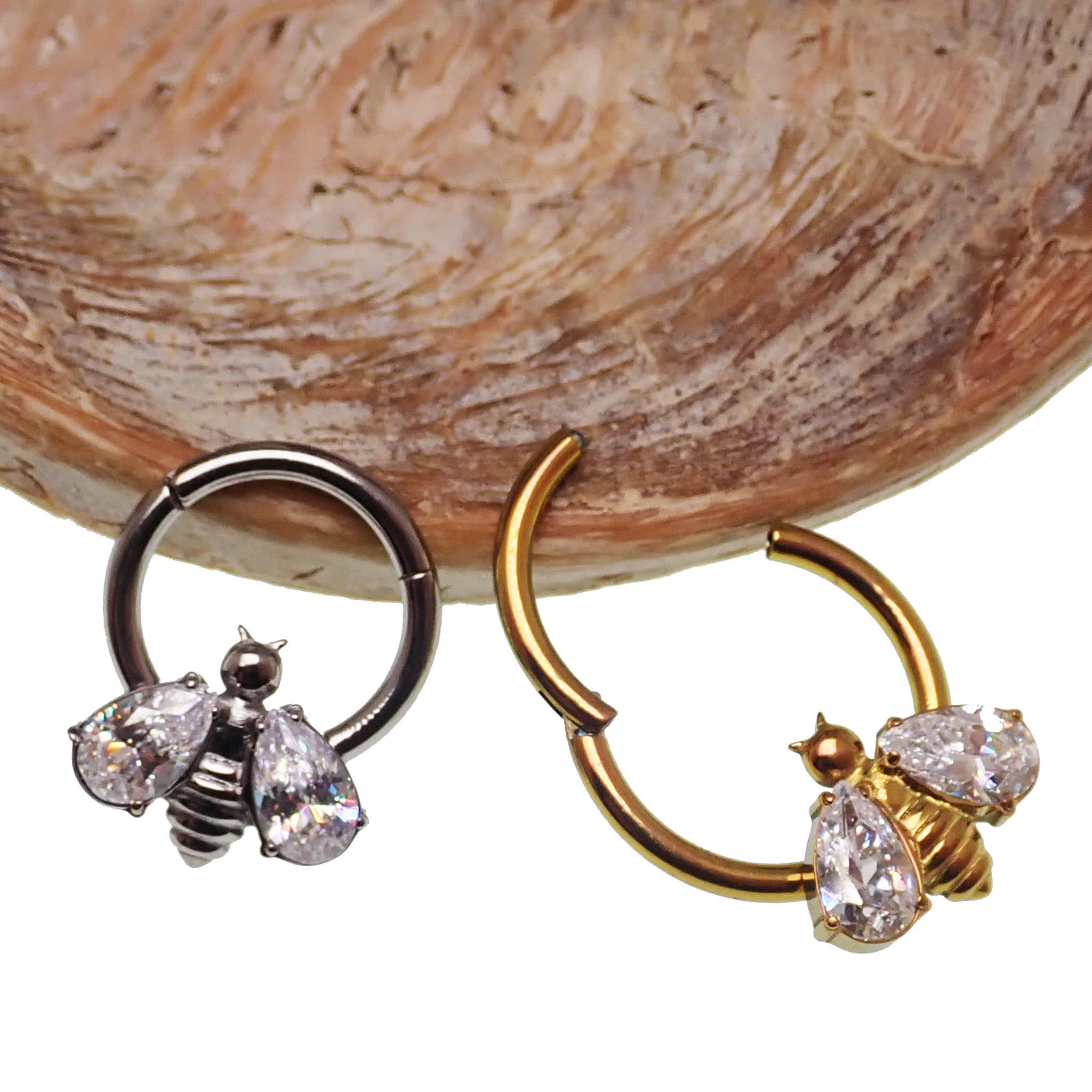 Body Clickers Bee CZ Hinged Clicker body jewelry, 16g with 8mm decorative bee and cubic zirconia accents.