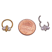 Bee CZ hinged clicker body jewelry in 16g with 8mm size, featuring a gold-tone bee design and sparkling cubic zirconia accents.