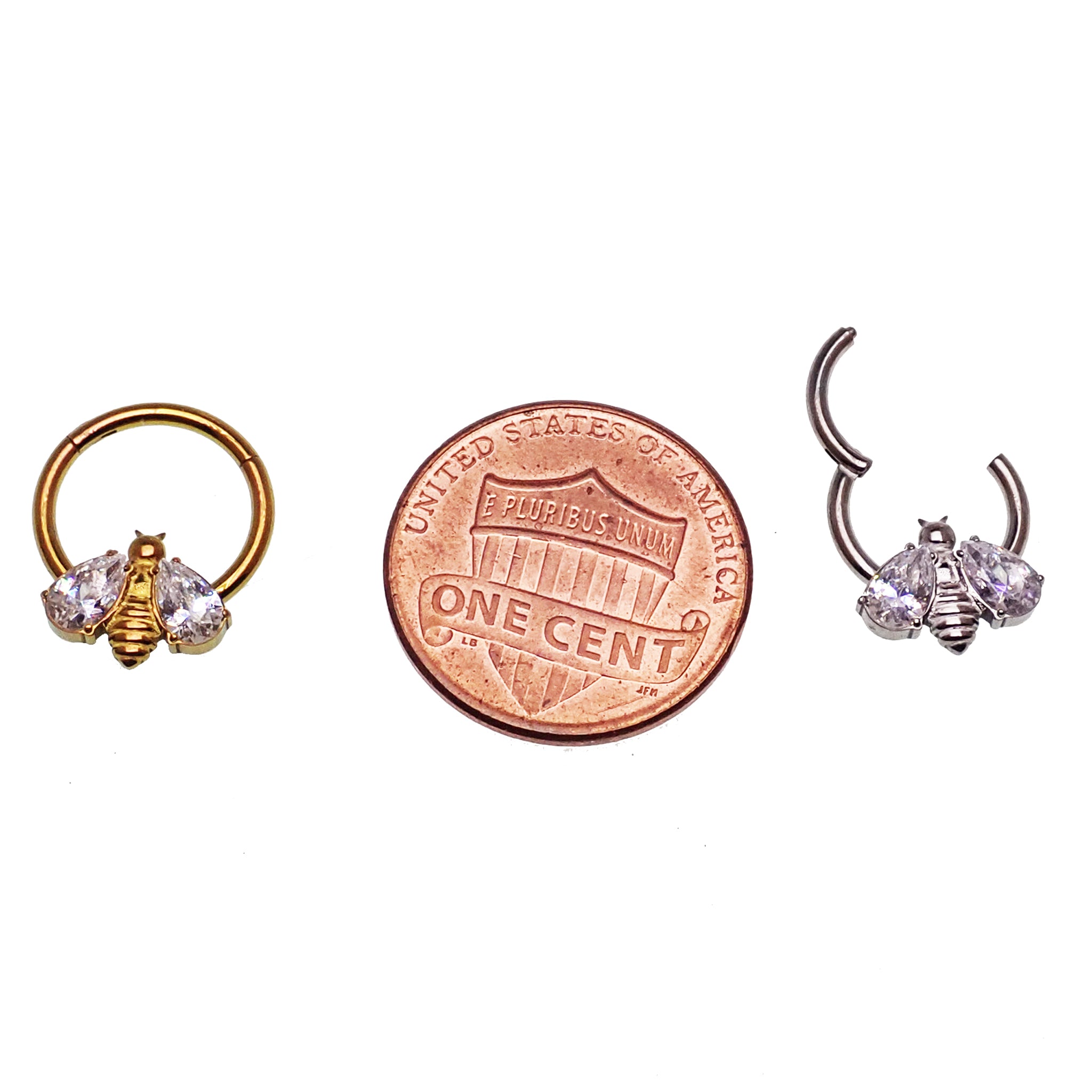 Bee CZ hinged clicker body jewelry in 16g with 8mm size, featuring a gold-tone bee design and sparkling cubic zirconia accents.