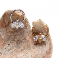 Hinged Bee CZ body jewelry clicker in 16g with 8mm design, by Body Clickers, featuring a gold-tone bee and sparkling cubic zirconia.
