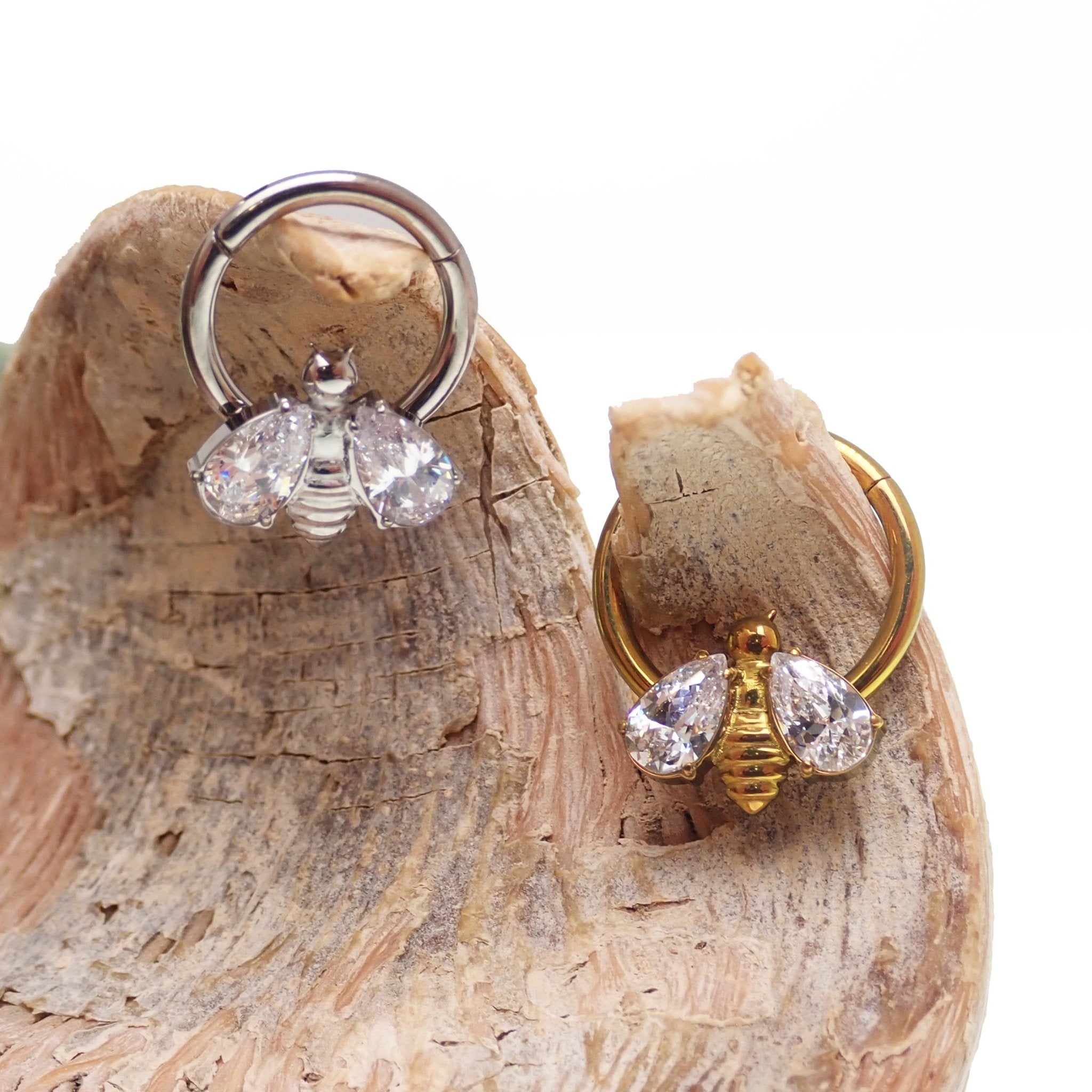 Hinged Bee CZ body jewelry clicker in 16g with 8mm design, by Body Clickers, featuring a gold-tone bee and sparkling cubic zirconia.