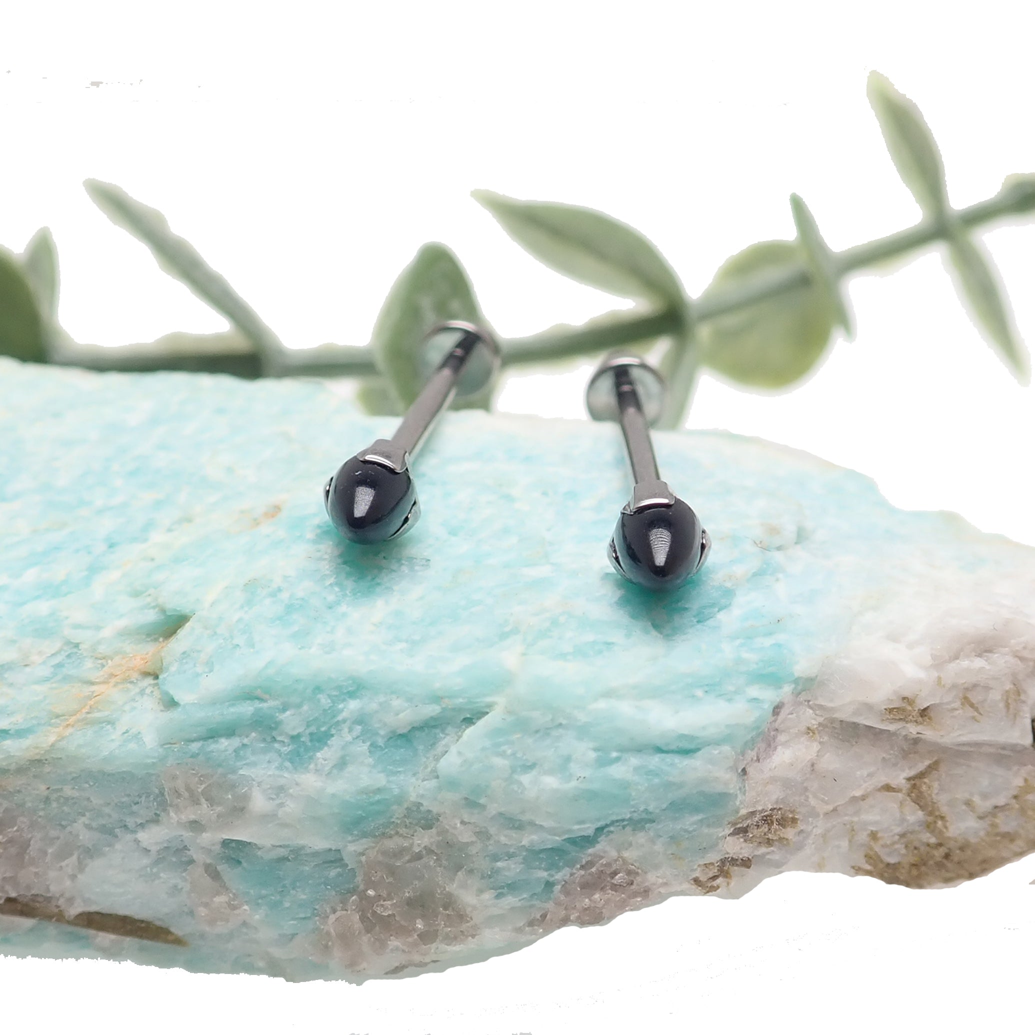 Black Onyx Cone Nipple Bar in 16g body jewelry by Body Clickers, featuring a sleek black onyx cone design.