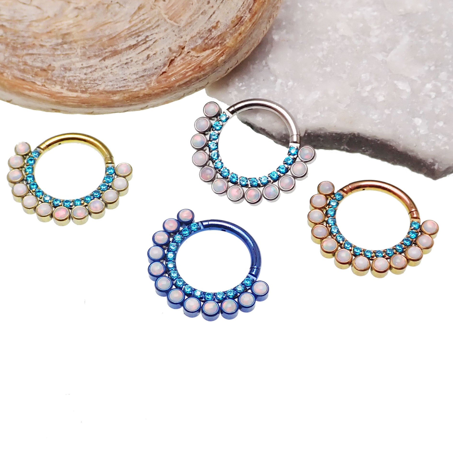 Blue zircon and white fire opal titanium clicker body jewelry, 16g, with 8mm stones, by Body Clickers.