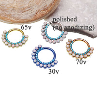 Blue zircon and white fire opal titanium clicker body jewelry in 16g with 8mm stones, by Body Clickers.