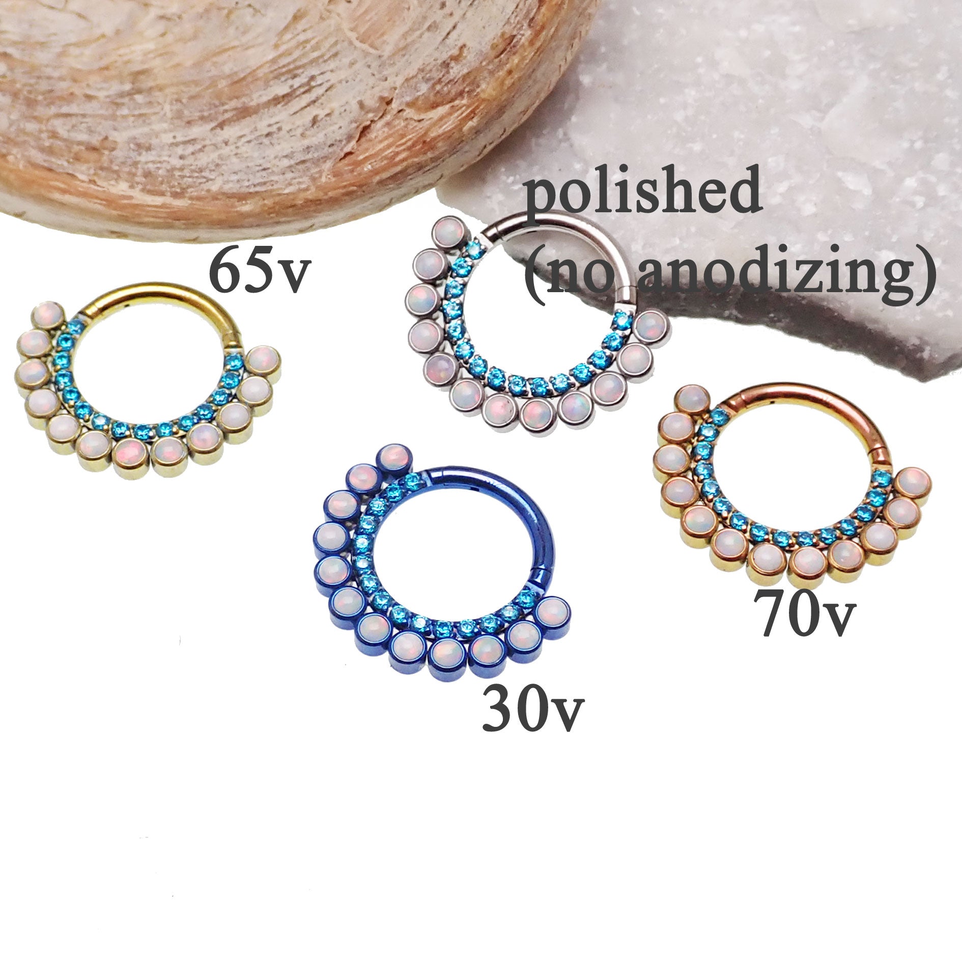 Blue zircon and white fire opal titanium clicker body jewelry in 16g with 8mm stones, by Body Clickers.