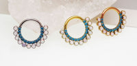 Blue zircon and white fire opal titanium clicker body jewelry in 16g with 8mm stones, designed for body piercing.
