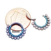Blue zircon and white fire opal titanium clicker body jewelry, 16g, with 8mm stones and sleek, modern design.