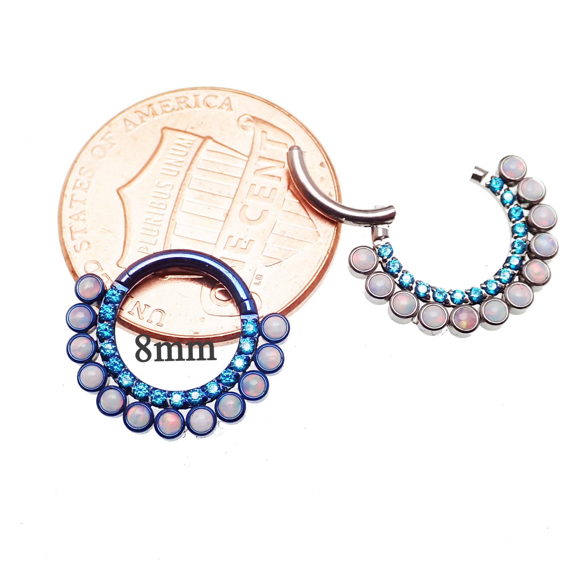 Blue zircon and white fire opal titanium clicker body jewelry, 16g, with 8mm stones and sleek, modern design.